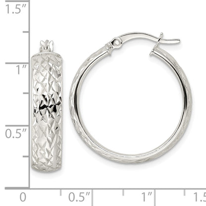 Sterling Silver Diamond-Cut 6X25mm Hoop Earrings