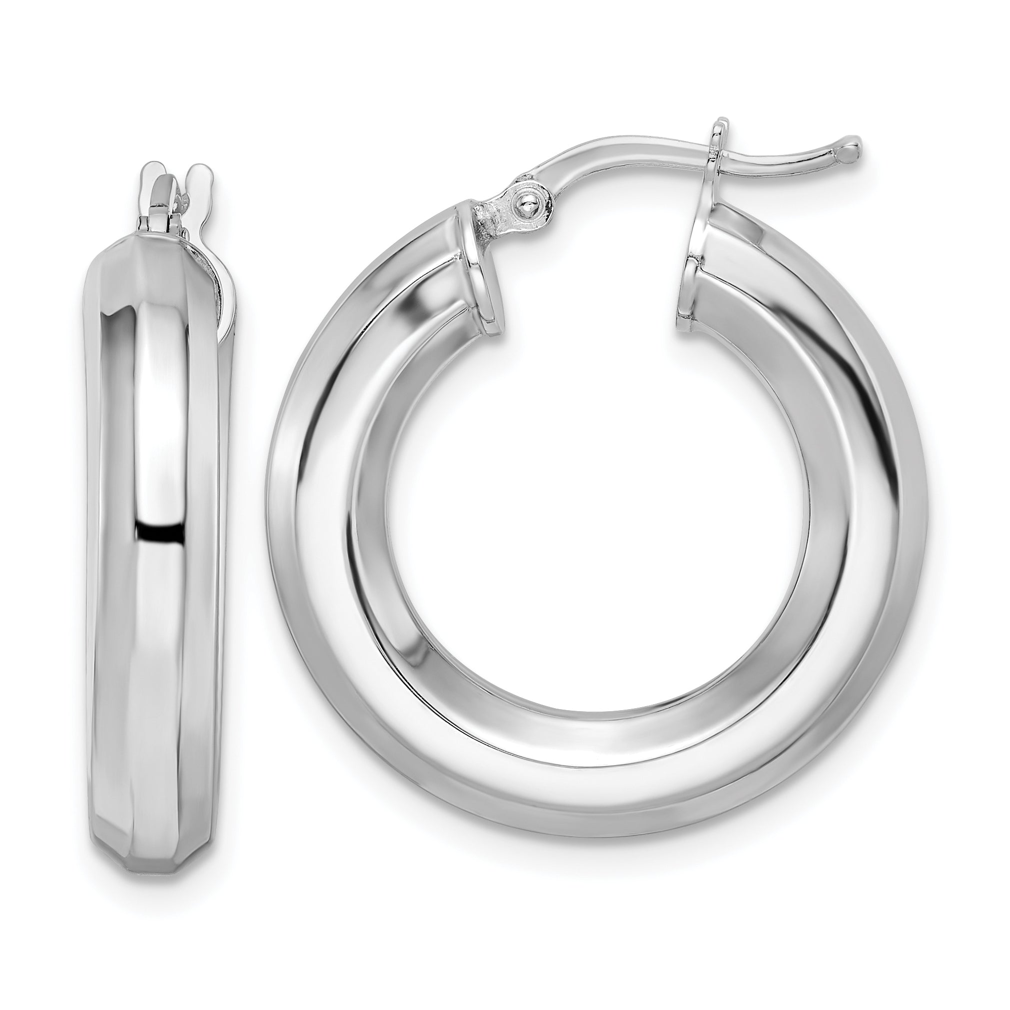 Sterling Silver Rhodium-Plated 5X24mm Octagon Tube Hoop Earrings