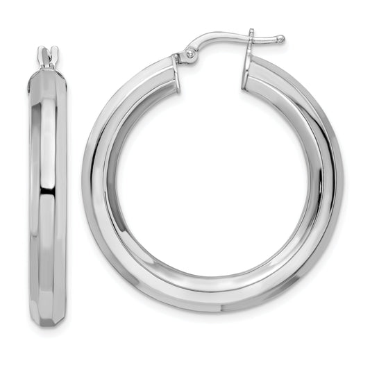 Sterling Silver Rhodium-Plated 5X34mm Octagon Tube Hoop Earrings