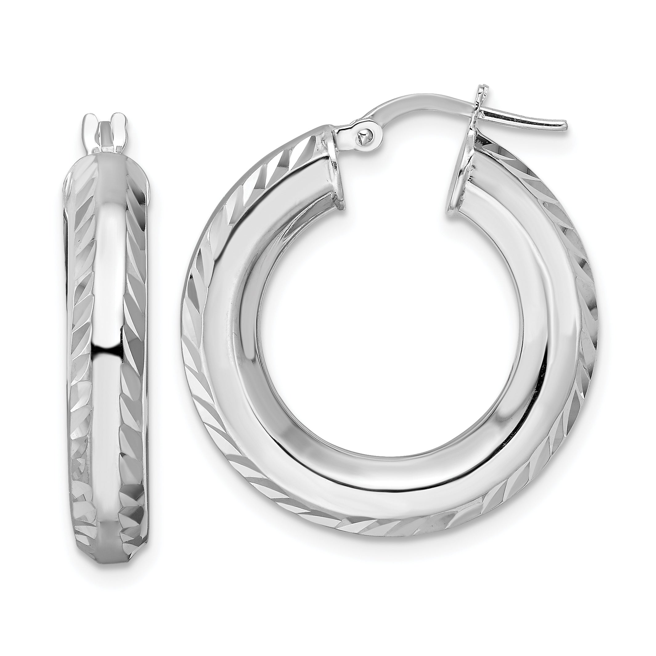 Sterling Silver Rhodium-Plated 5X24mm D/C Octagon Tube Hoop Earrings