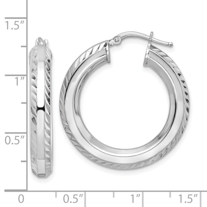 Sterling Silver Rhodium-Plated 5X30mm D/C Octagon Tube Hoop Earrings
