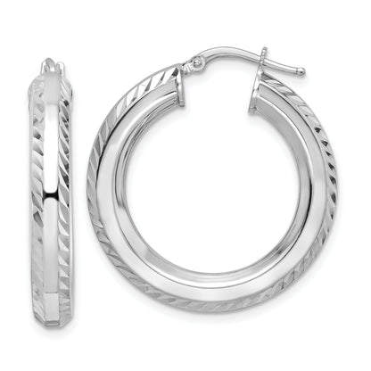 Sterling Silver Rhodium-Plated 5X30mm D/C Octagon Tube Hoop Earrings