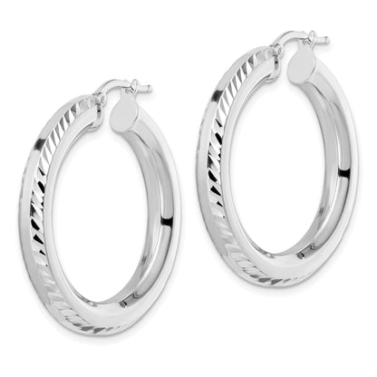 Sterling Silver Rhodium-Plated 5X34mm D/C Octagon Tube Hoop Earrings