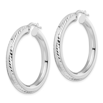 Sterling Silver Rhodium-Plated 5X38mm D/C Octagon Tube Hoop Earrings