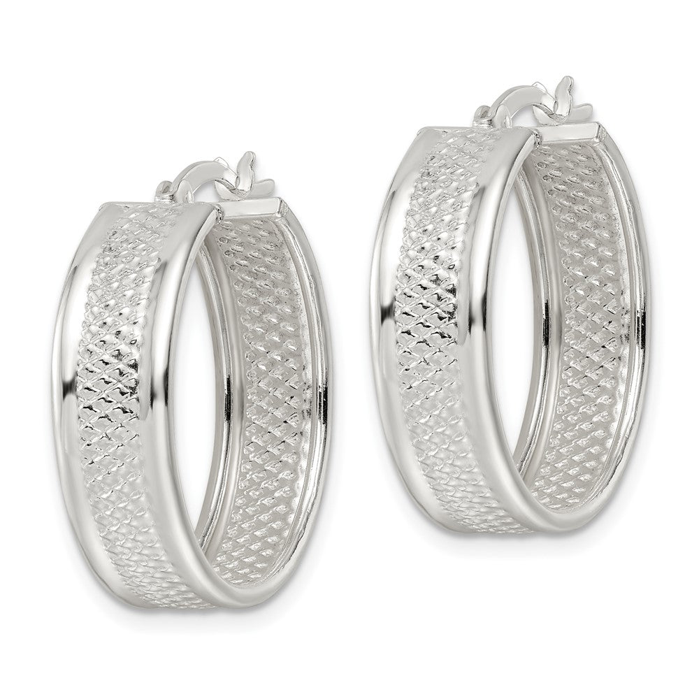 Sterling Silver Polished Textured 7.5X25mm Hoop Earrings