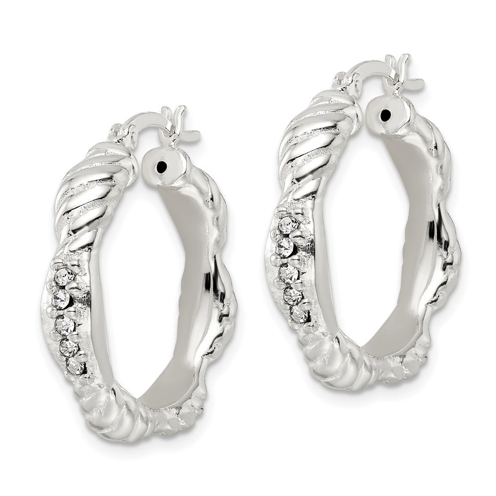 Sterling Silver Cz Twisted Scalloped Hoop Earrings