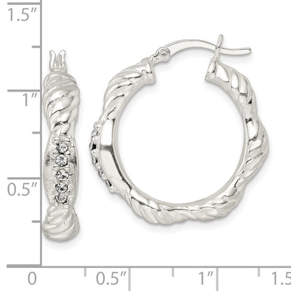 Sterling Silver Cz Twisted Scalloped Hoop Earrings