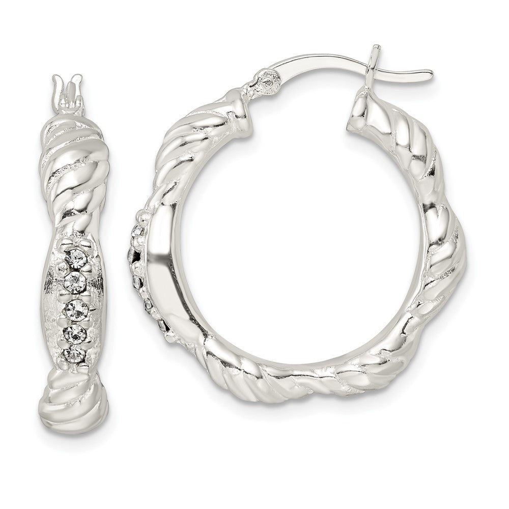 Sterling Silver Cz Twisted Scalloped Hoop Earrings