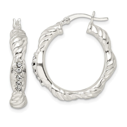 Sterling Silver Cz Twisted Scalloped Hoop Earrings