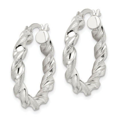 Sterling Silver Polished And Textured Twisted Circle Hoop Earrings