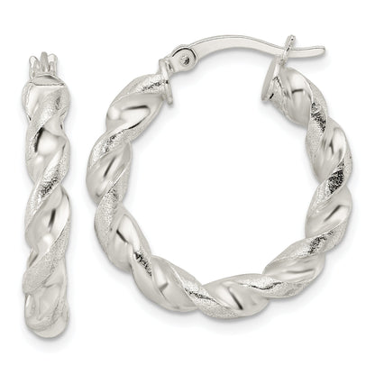 Sterling Silver Polished And Textured Twisted Circle Hoop Earrings