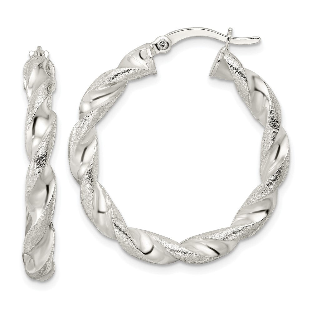 Sterling Silver Polished And Textured Twisted Circle Hoop Earrings