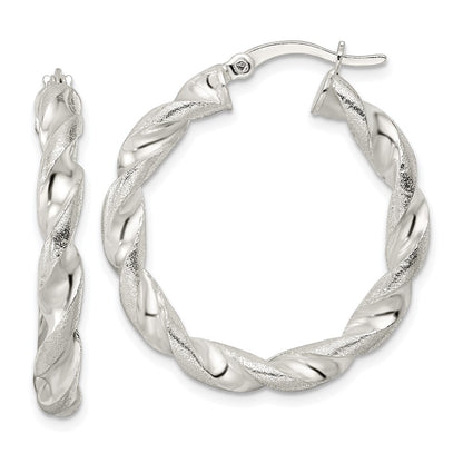 Sterling Silver Polished And Textured Twisted Circle Hoop Earrings