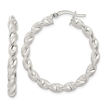 Sterling Silver Polished And Textured Twisted Circle Hoop Earrings