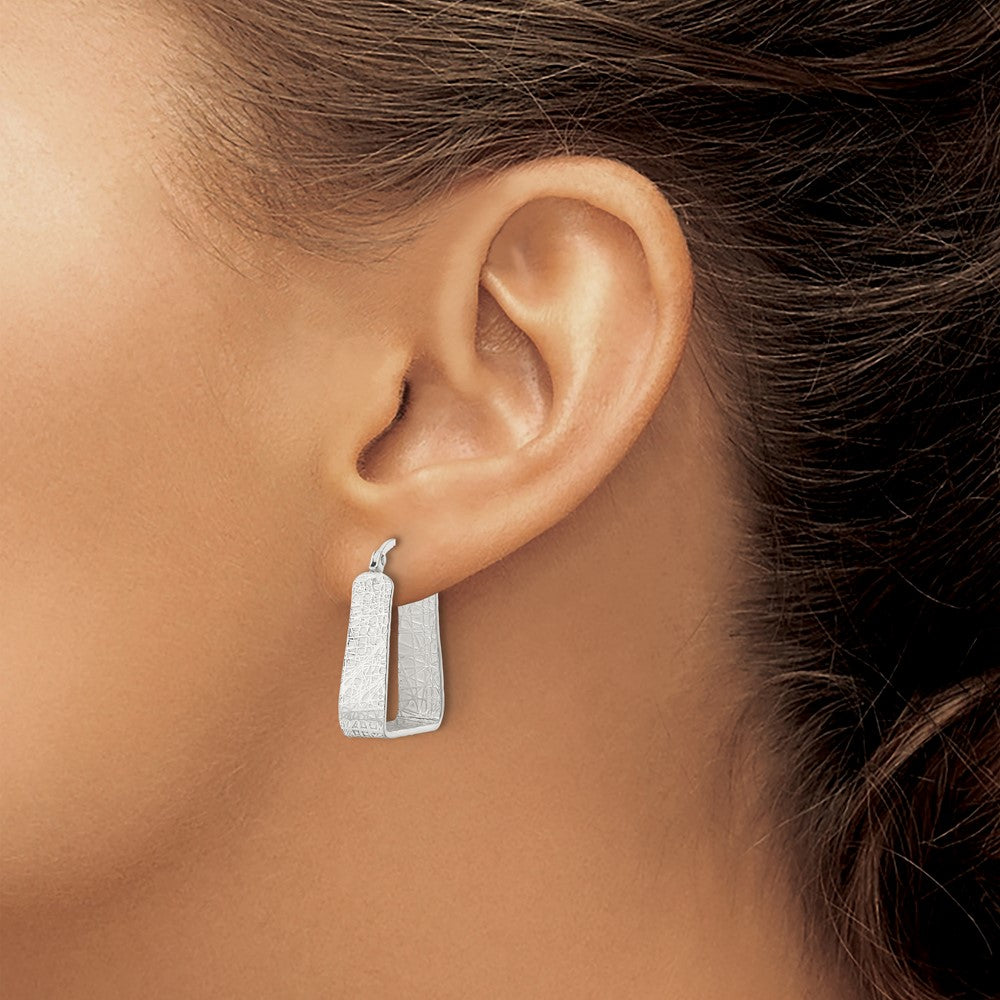 Sterling Silver Rhod-Pltd Polished/Textured 5.5mm Square Hoop Earrings