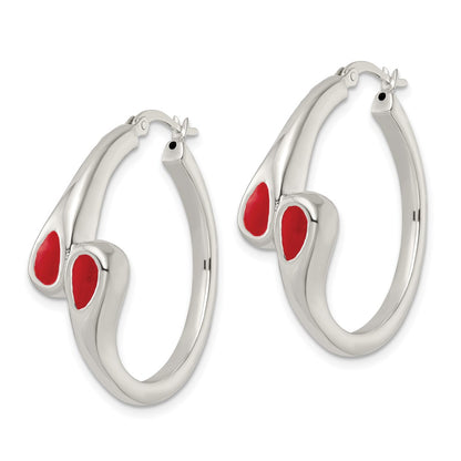 Sterling Silver Polished Red Enameled Bypass Circle Hoop Earrings