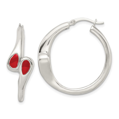 Sterling Silver Polished Red Enameled Bypass Circle Hoop Earrings