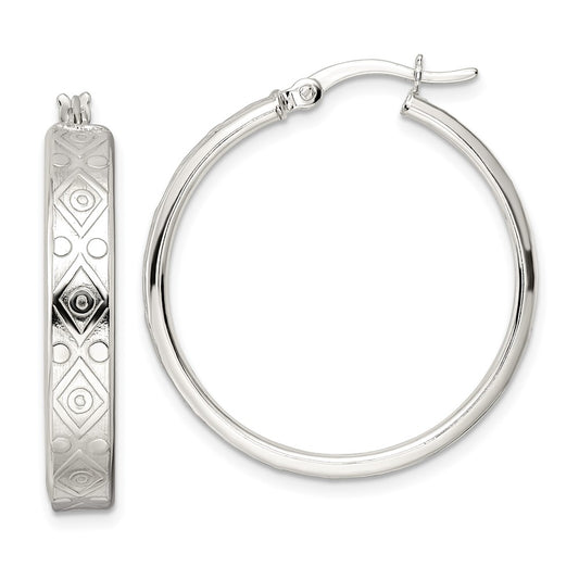 Sterling Silver Polished Geometric Design 5.25mm Round Hoop Earrings