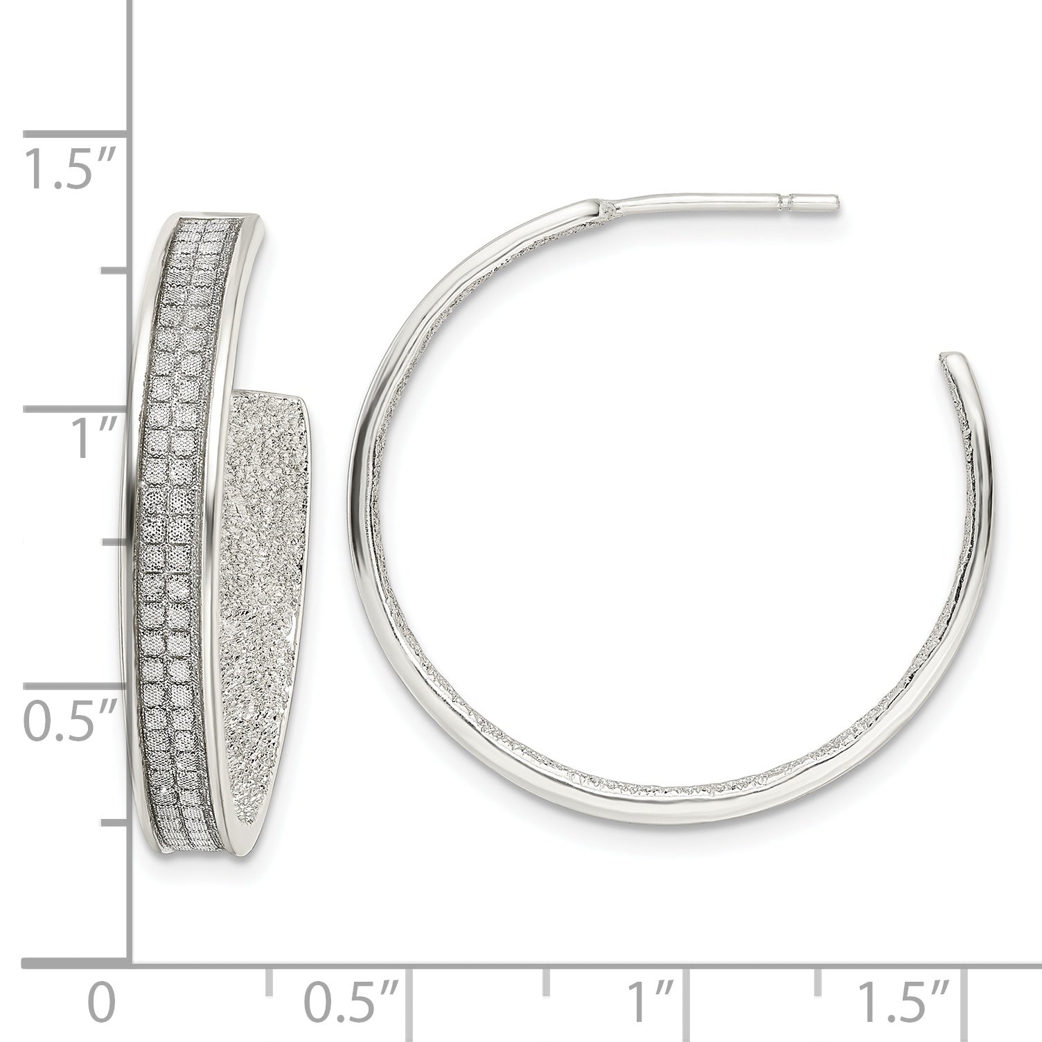 Sterling Silver 4.5X30mm Fabric Glitter Hoop Post Earrings