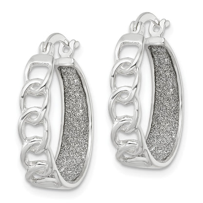 Sterling Silver Polished Fabric Glitter Hoop & Links Round Earrings