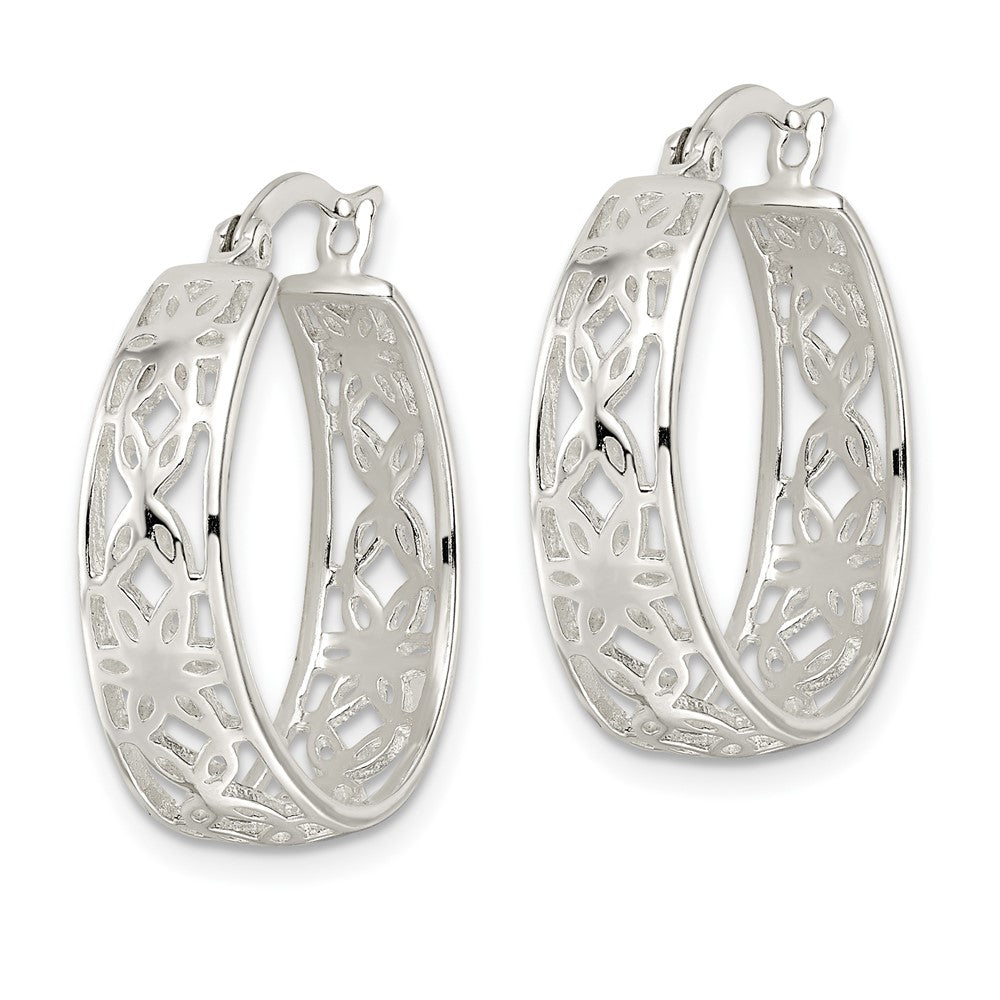 Sterling Silver Polished Cut-Out Floral Round Hoop Earrings