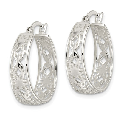 Sterling Silver Polished Cut-Out Floral Round Hoop Earrings