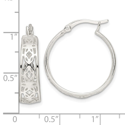 Sterling Silver Polished Cut-Out Floral Round Hoop Earrings