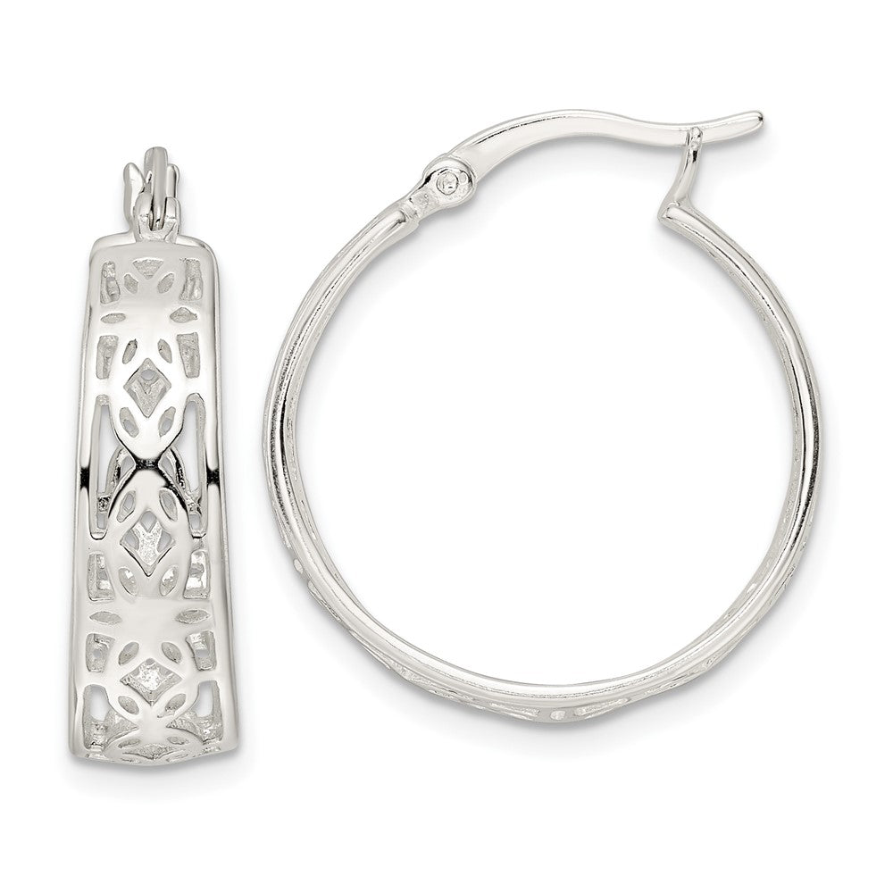 Sterling Silver Polished Cut-Out Floral Round Hoop Earrings
