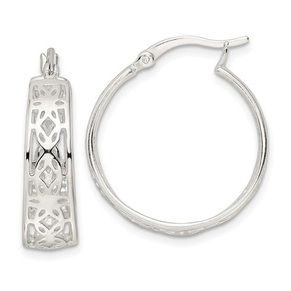 Sterling Silver Polished Cut-Out Floral Round Hoop Earrings