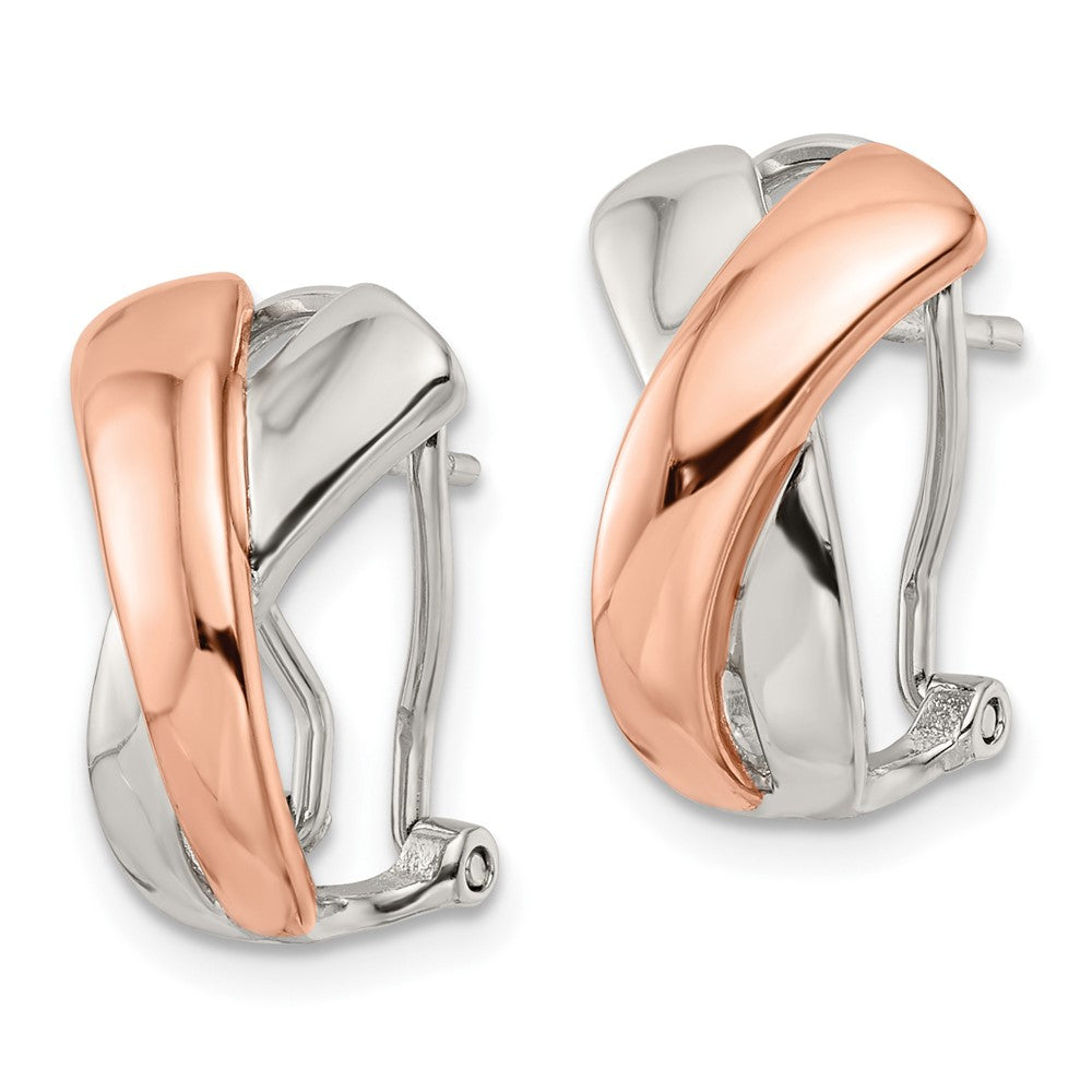Sterling Silver & Rose-Tone Polished X Omega Back J-Hoop Earrings