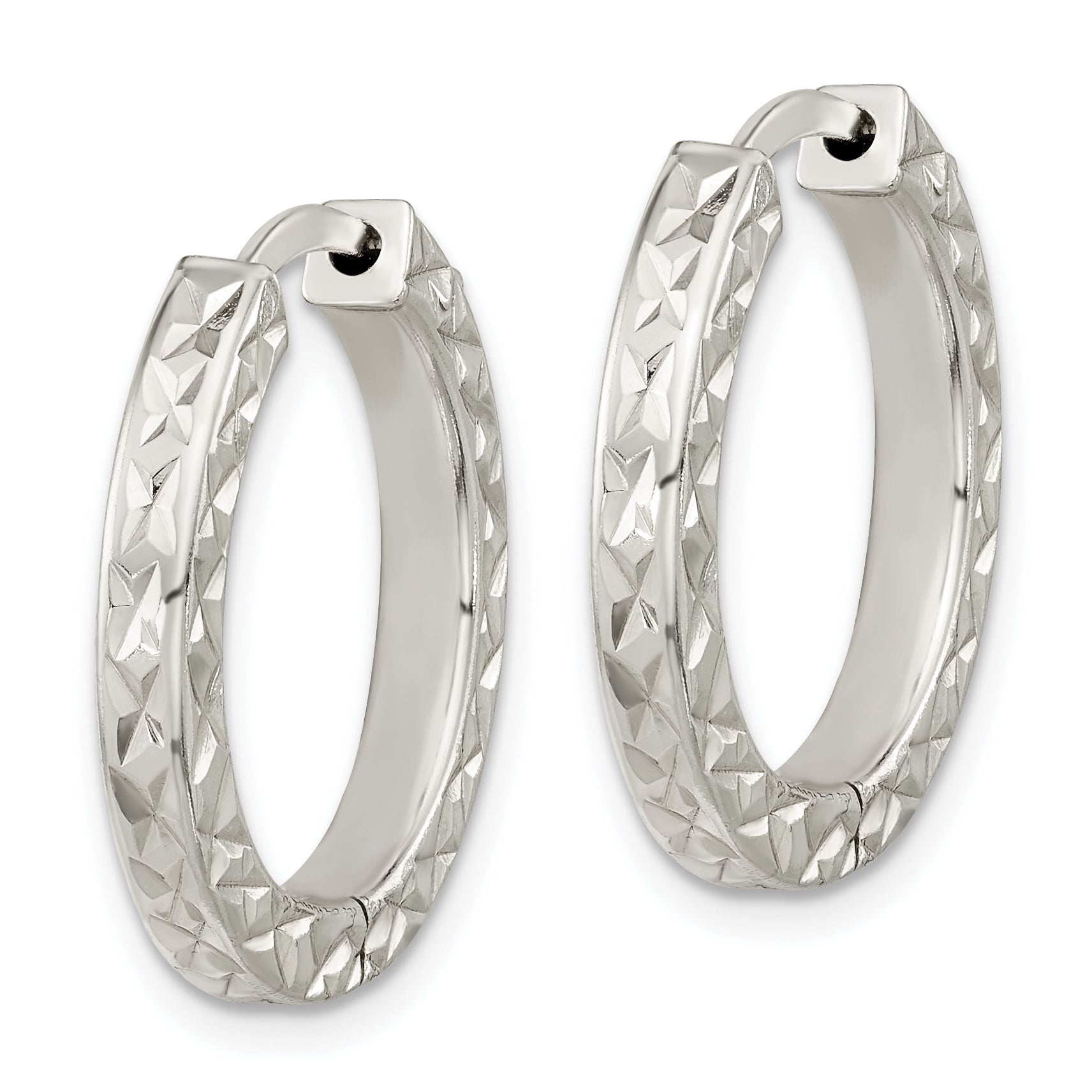 Sterling Silver Polished D/C Square Tube Locking Hoop Earrings