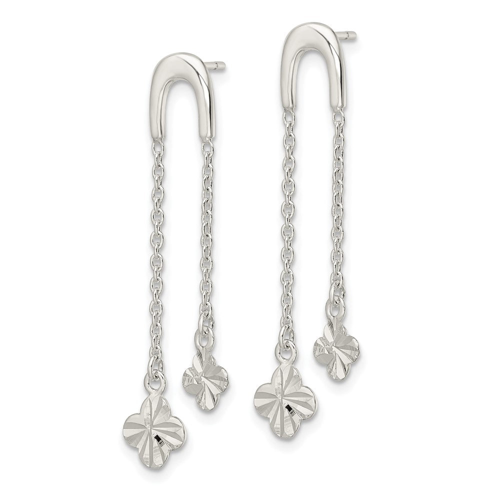 Sterling Silver Polished & D/C Clover Chain Dangle Post Earrings