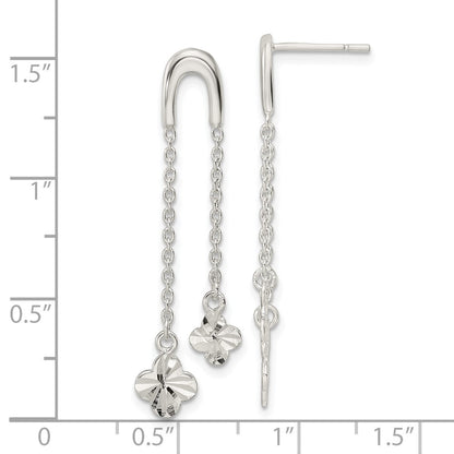 Sterling Silver Polished & D/C Clover Chain Dangle Post Earrings