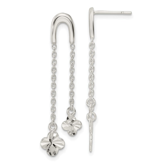Sterling Silver Polished & D/C Clover Chain Dangle Post Earrings