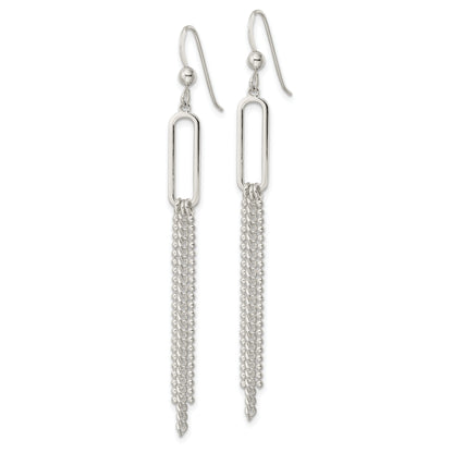 Sterling Silver Polished Oval And Multi-Strand Beaded Chain Dangle Earrings