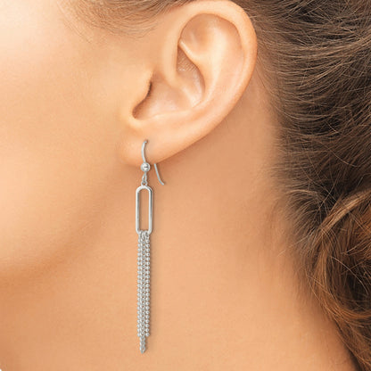 Sterling Silver Polished Oval And Multi-Strand Beaded Chain Dangle Earrings