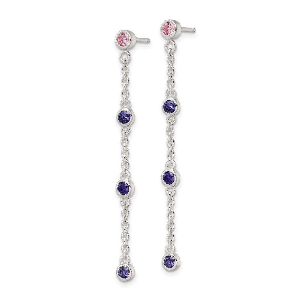 Sterling Silver Chain W/Pink And Purple Bezel Czs Dangle Post Earrings