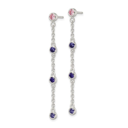 Sterling Silver Chain W/Pink And Purple Bezel Czs Dangle Post Earrings