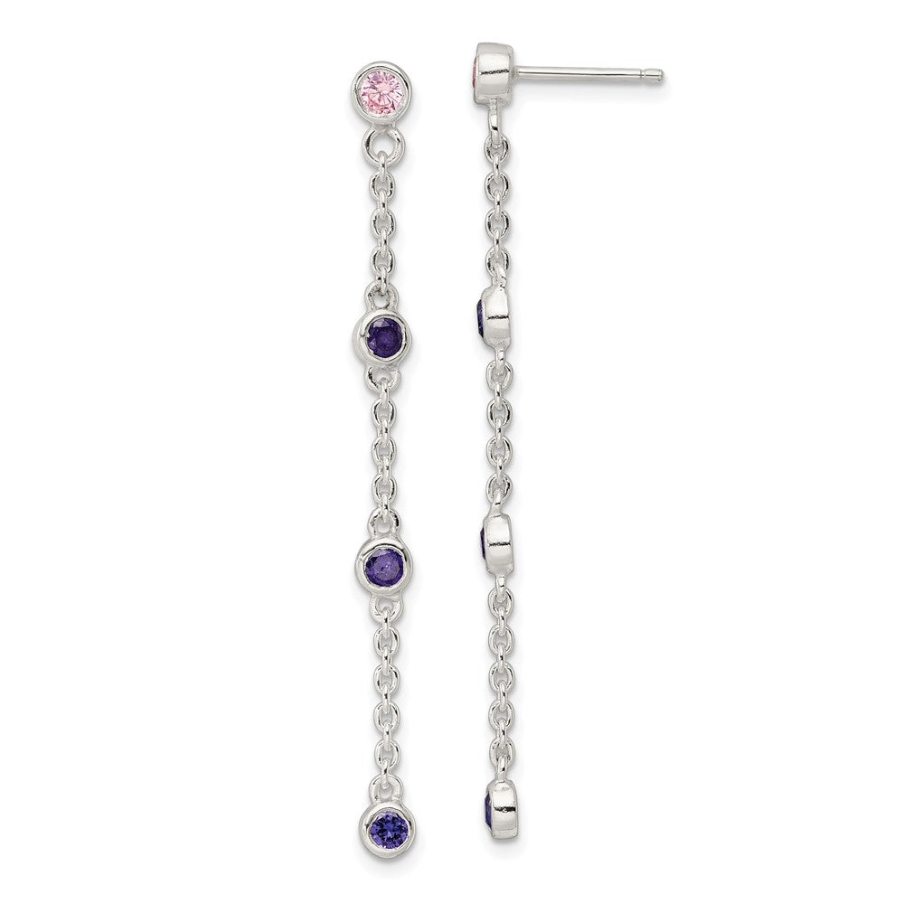 Sterling Silver Chain W/Pink And Purple Bezel Czs Dangle Post Earrings