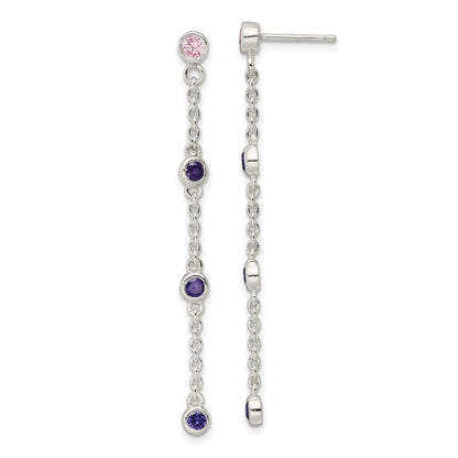 Sterling Silver Chain W/Pink And Purple Bezel Czs Dangle Post Earrings