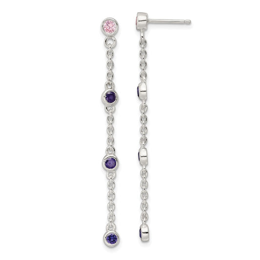 Sterling Silver Chain W/Pink And Purple Bezel Czs Dangle Post Earrings