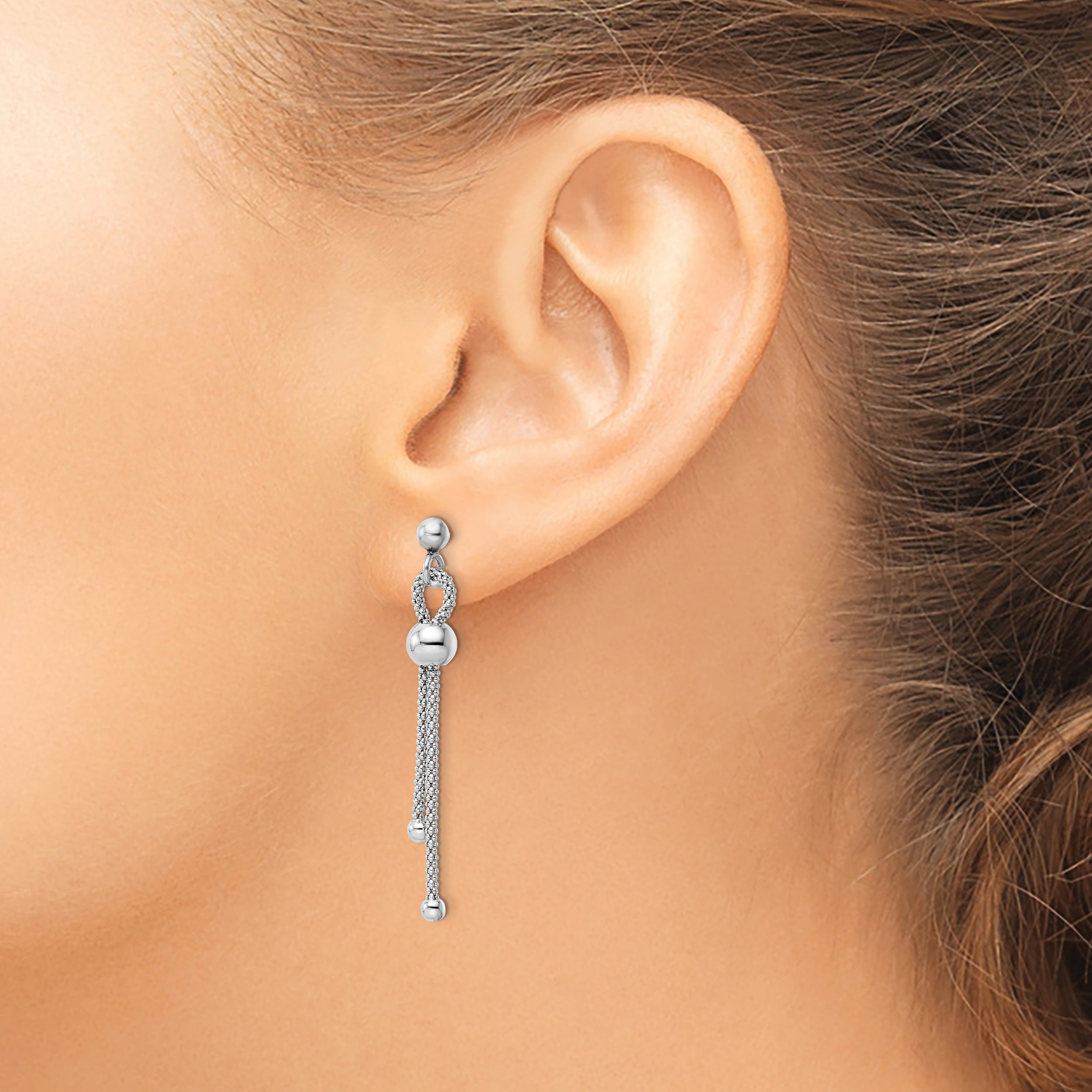 Sterling Silver Rhod-Plated Polished Beaded Chain Post Dangle Earrings