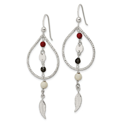 Sterling Silver Diamond-Cut Red Black & Ivory Coral Feather Dangle Earrings