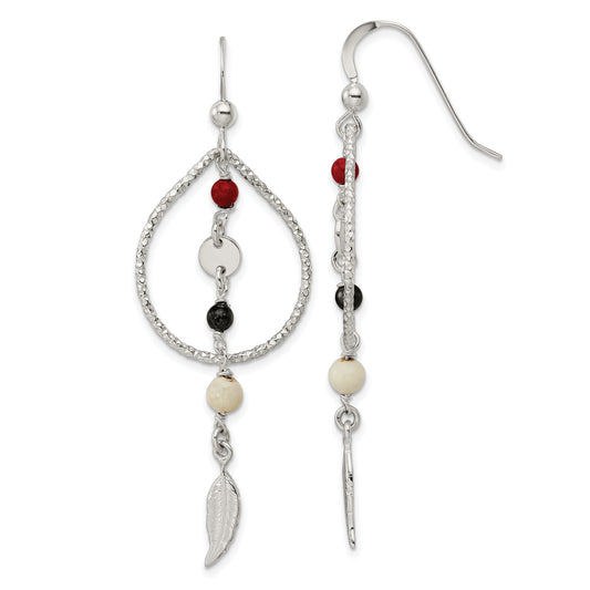 Sterling Silver Diamond-Cut Red Black & Ivory Coral Feather Dangle Earrings