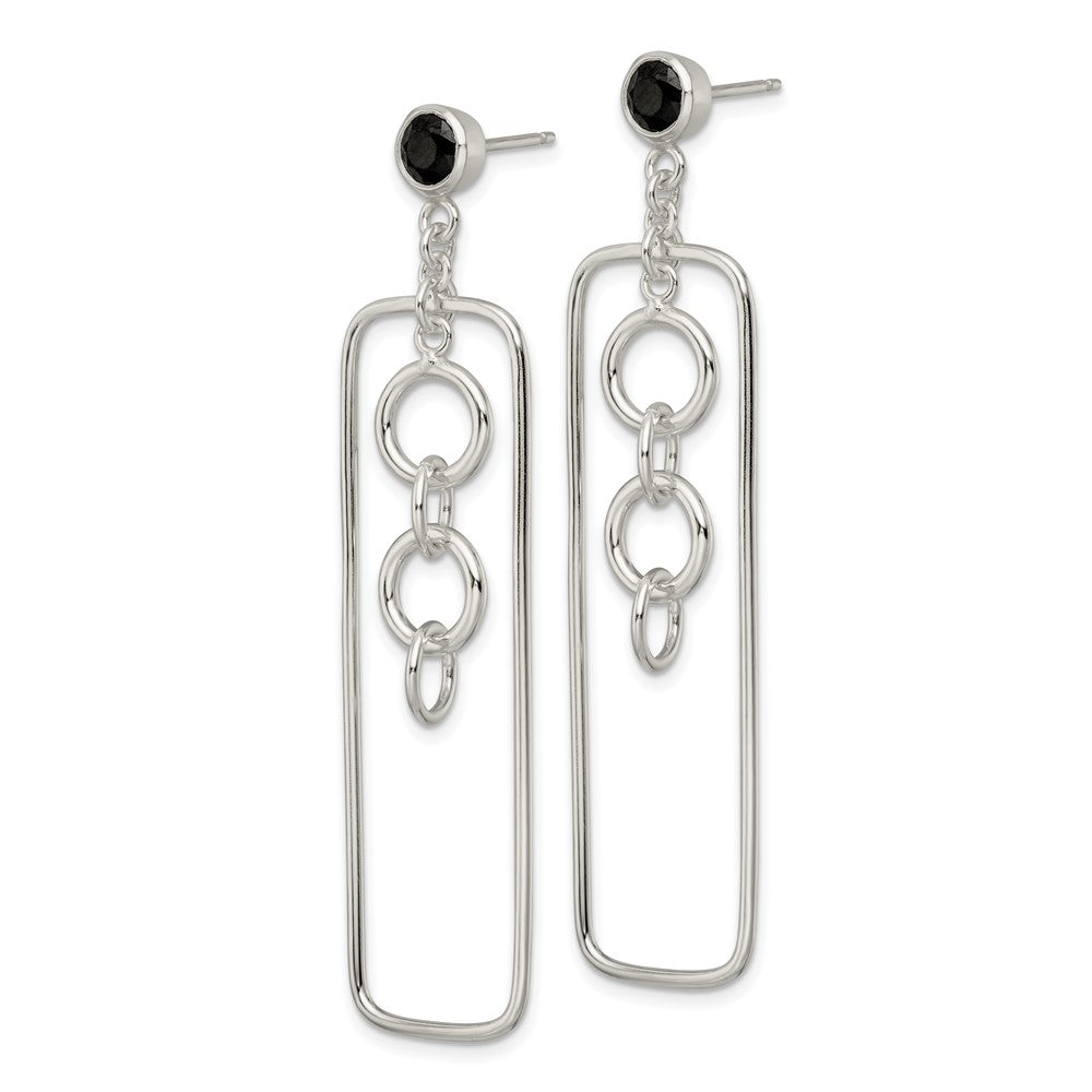 Sterling Silver Black Cz Rectangle And Chain Dangle Post Earrings