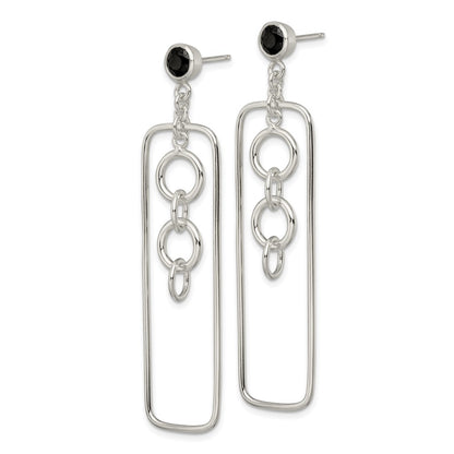 Sterling Silver Black Cz Rectangle And Chain Dangle Post Earrings