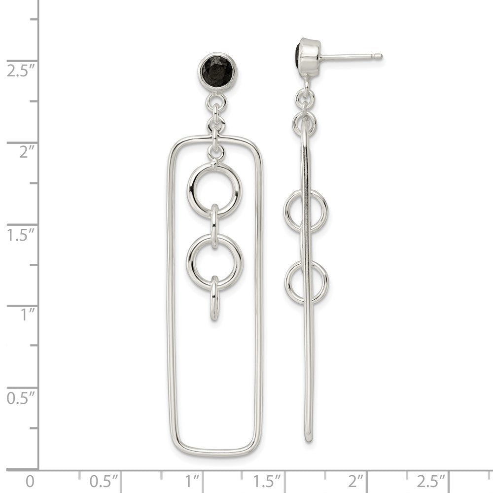 Sterling Silver Black Cz Rectangle And Chain Dangle Post Earrings
