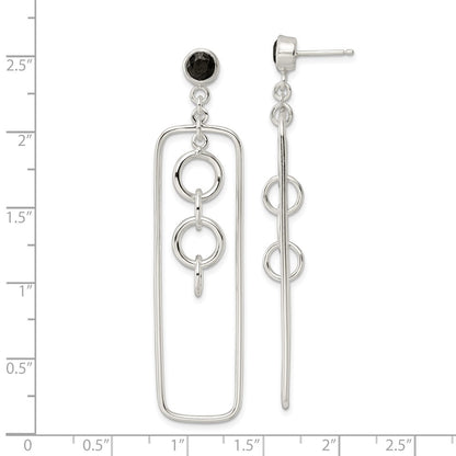 Sterling Silver Black Cz Rectangle And Chain Dangle Post Earrings