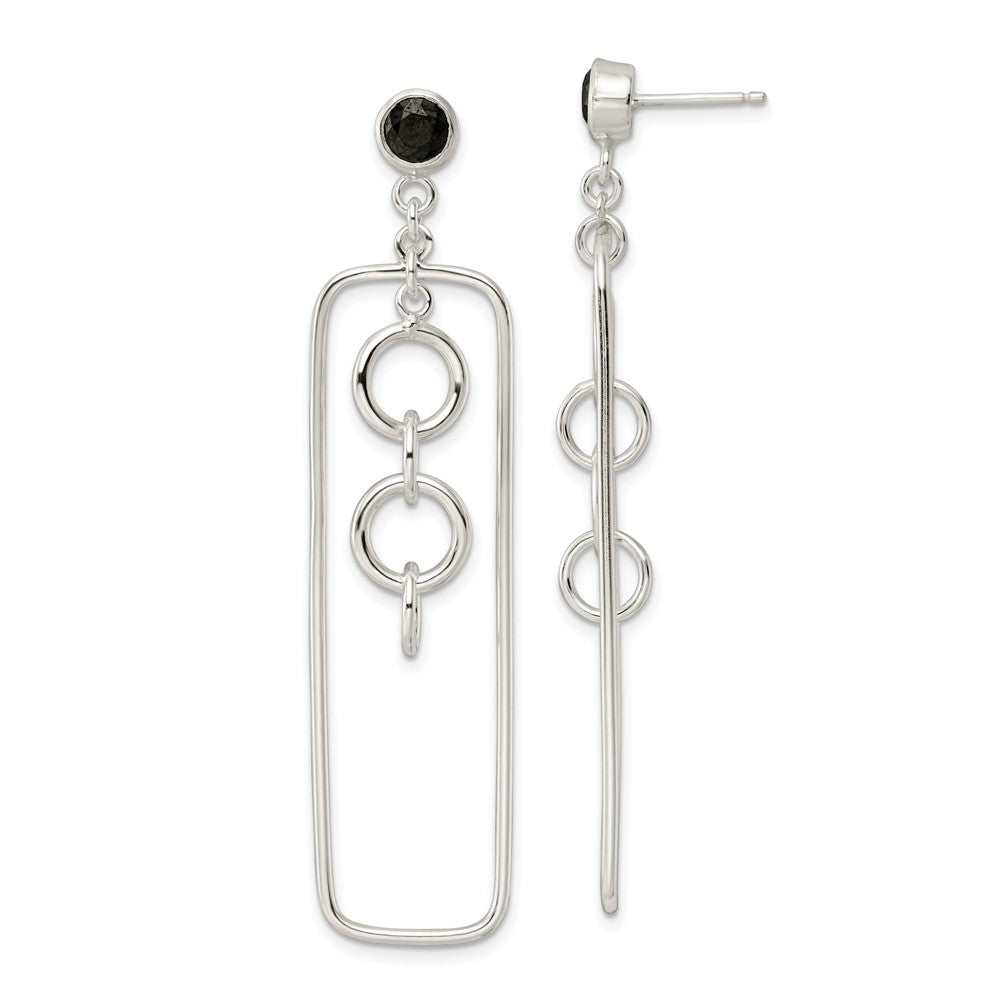 Sterling Silver Black Cz Rectangle And Chain Dangle Post Earrings