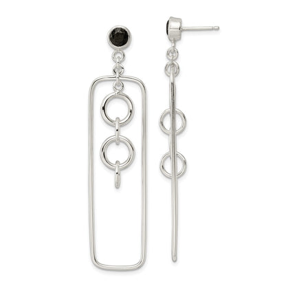 Sterling Silver Black Cz Rectangle And Chain Dangle Post Earrings